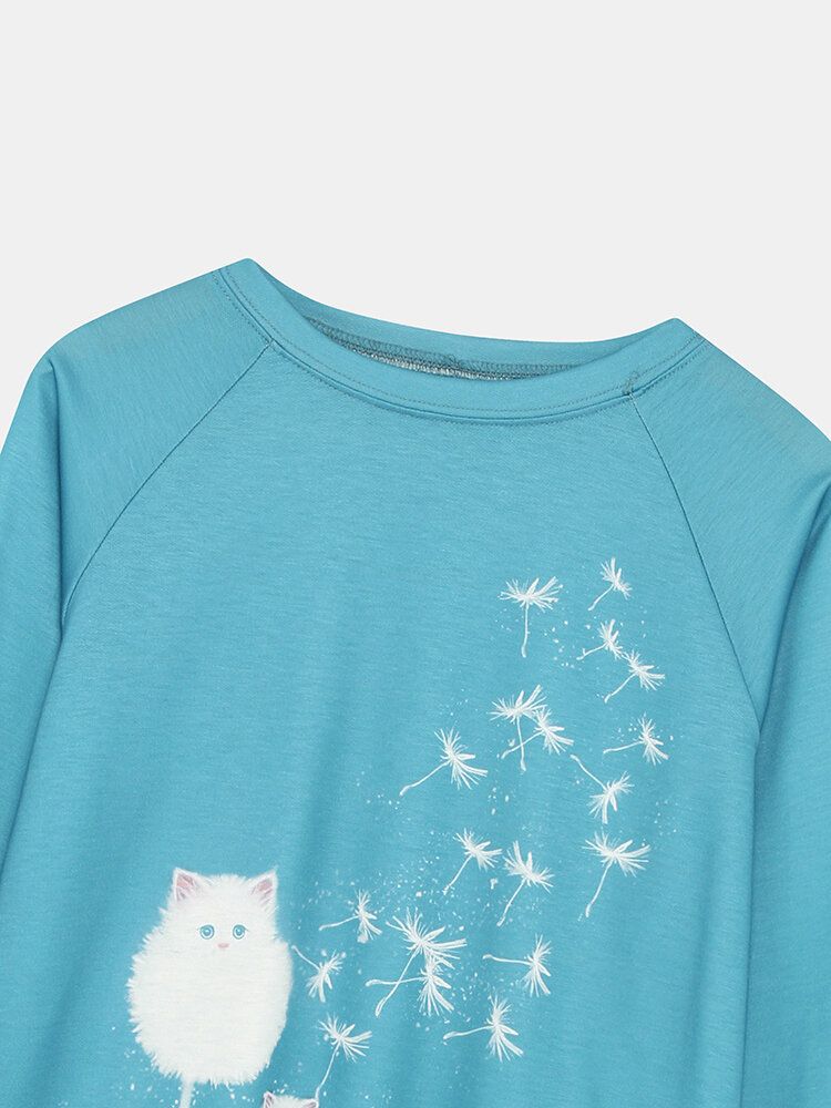 Sudadera Casual De Manga Larga Con Cuello Redondo Y Estampado De Diente De León De Gato Lindo Para Mujer