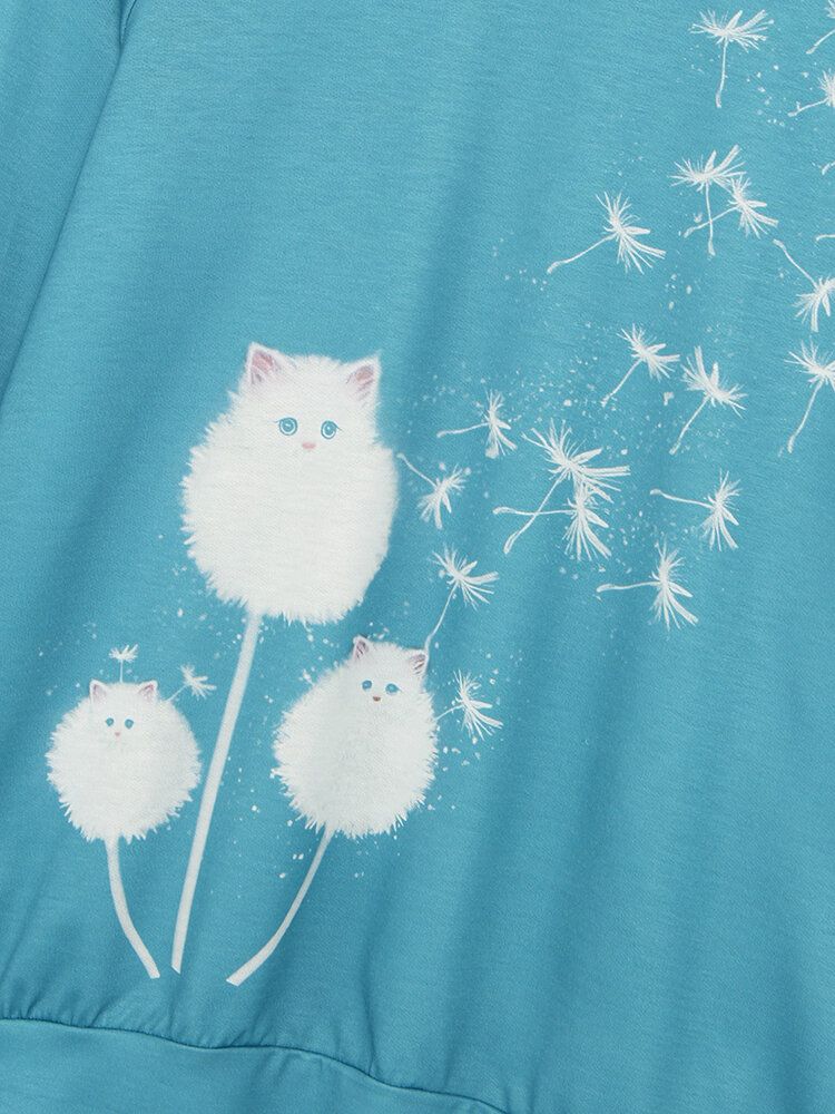 Sudadera Casual De Manga Larga Con Cuello Redondo Y Estampado De Diente De León De Gato Lindo Para Mujer