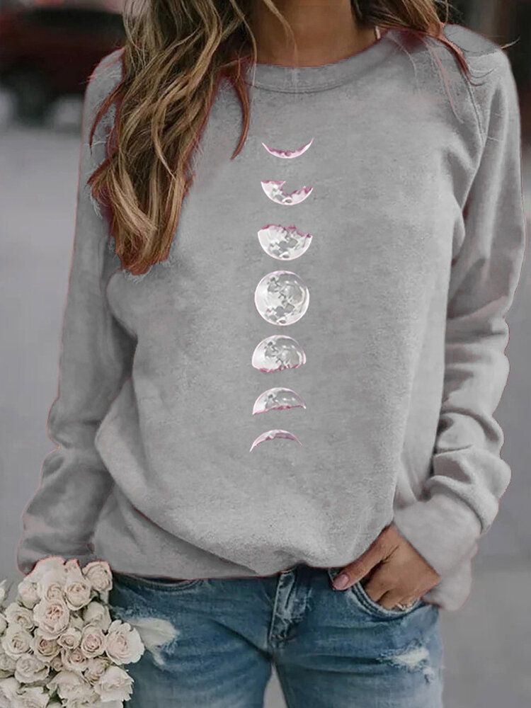 Sudadera Casual De Manga Larga Con Cuello Redondo Y Estampado De Luna Para Mujer