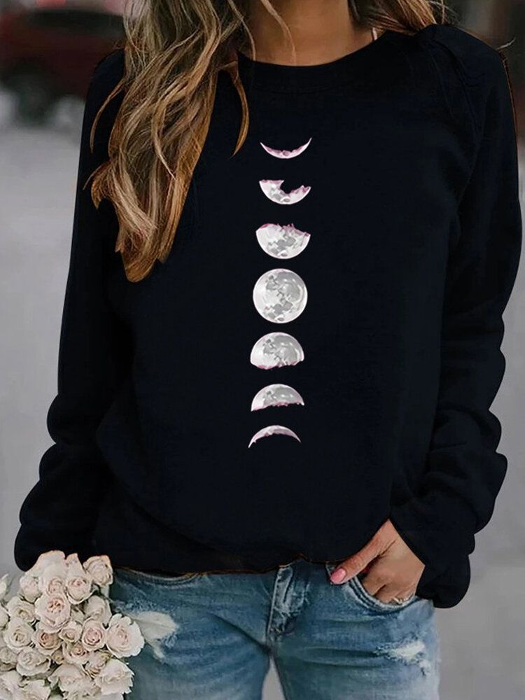 Sudadera Casual De Manga Larga Con Cuello Redondo Y Estampado De Luna Para Mujer