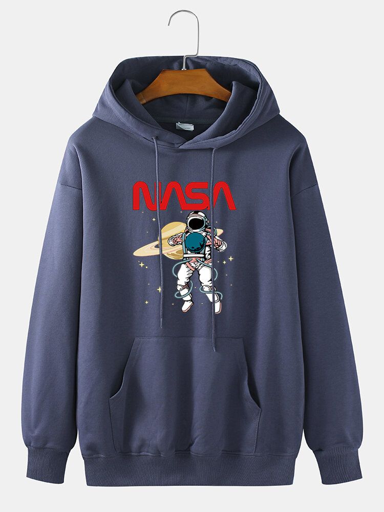 Sudadera Con Capucha De Algodón Con Cordón Y Estampado De Dibujos Animados De Astronauta Para Hombre