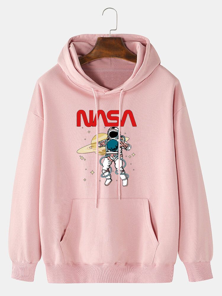 Sudadera Con Capucha De Algodón Con Cordón Y Estampado De Dibujos Animados De Astronauta Para Hombre