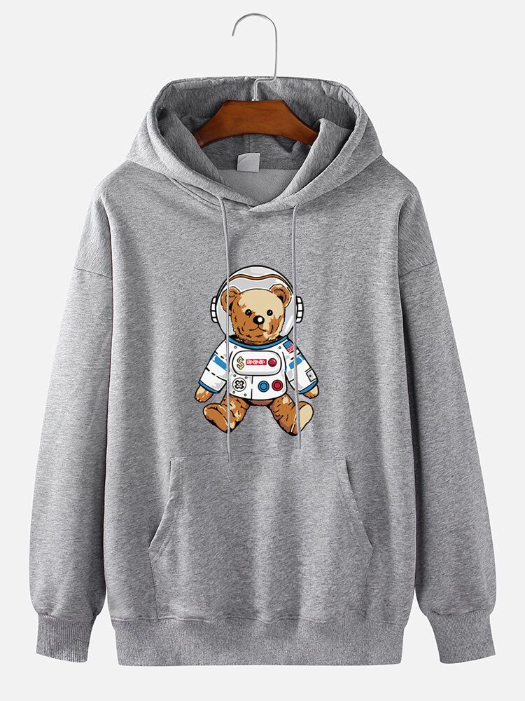 Sudadera Con Capucha De Algodón Informal Liso Con Estampado De Dibujos Animados De Oso Astronauta Para Hombre