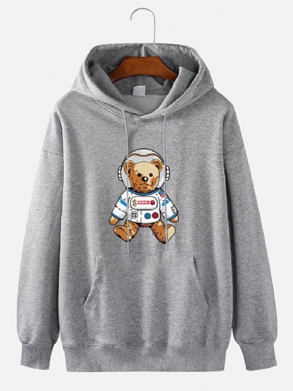 Sudadera Con Capucha De Algodón Informal Liso Con Estampado De Dibujos Animados De Oso Astronauta Para Hombre