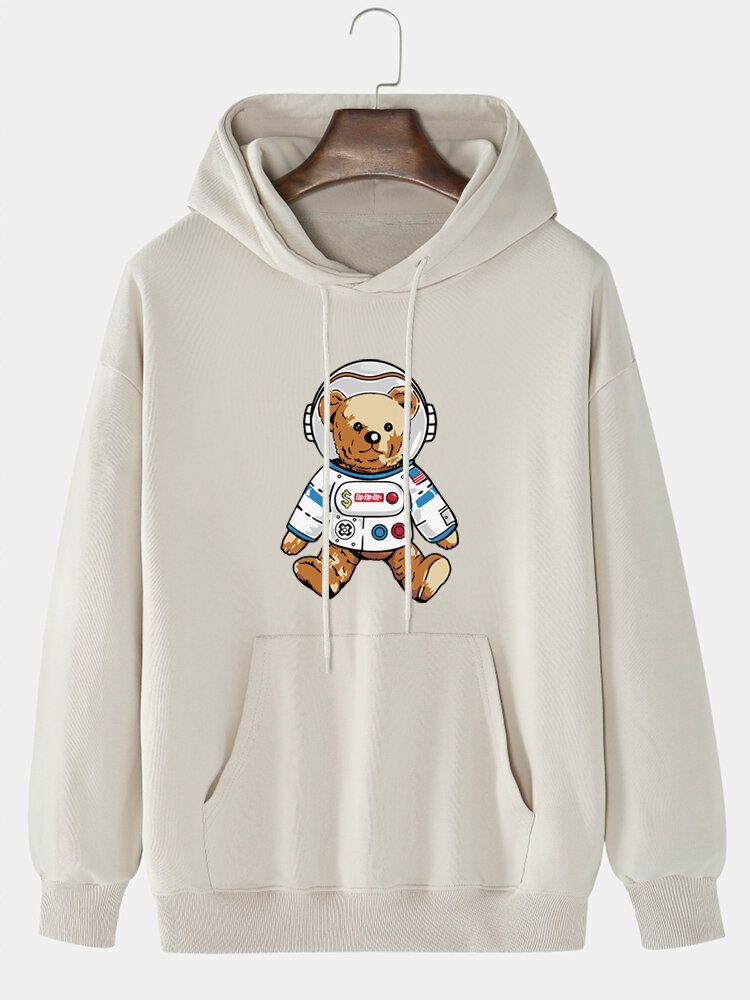 Sudadera Con Capucha De Algodón Informal Liso Con Estampado De Dibujos Animados De Oso Astronauta Para Hombre