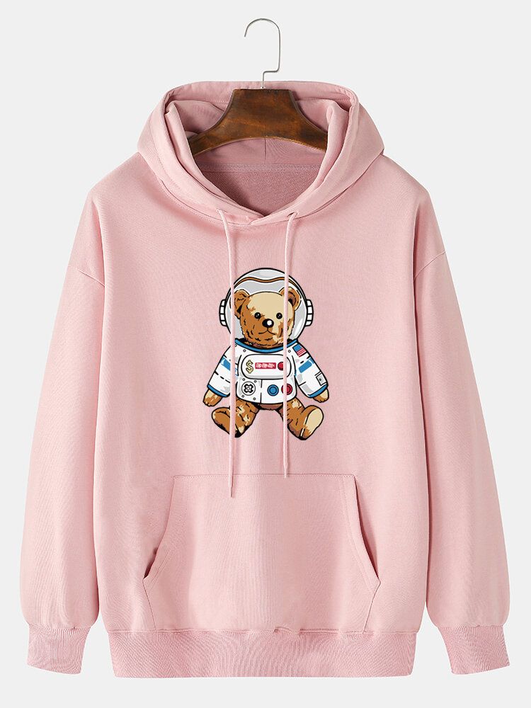 Sudadera Con Capucha De Algodón Informal Liso Con Estampado De Dibujos Animados De Oso Astronauta Para Hombre