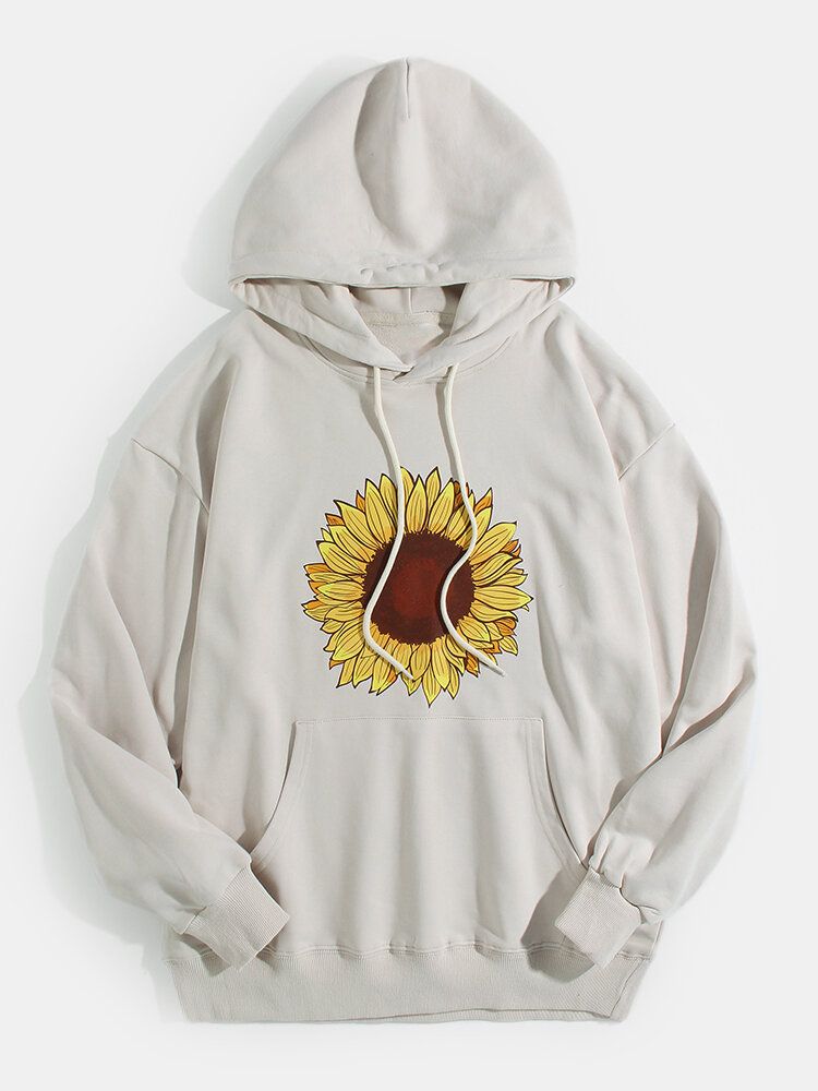 Sudadera Con Capucha De Bolsillo De Canguro Diaria Con Estampado De Girasol De Algodón Para Hombre