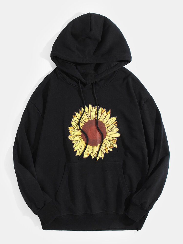 Sudadera Con Capucha De Bolsillo De Canguro Diaria Con Estampado De Girasol De Algodón Para Hombre