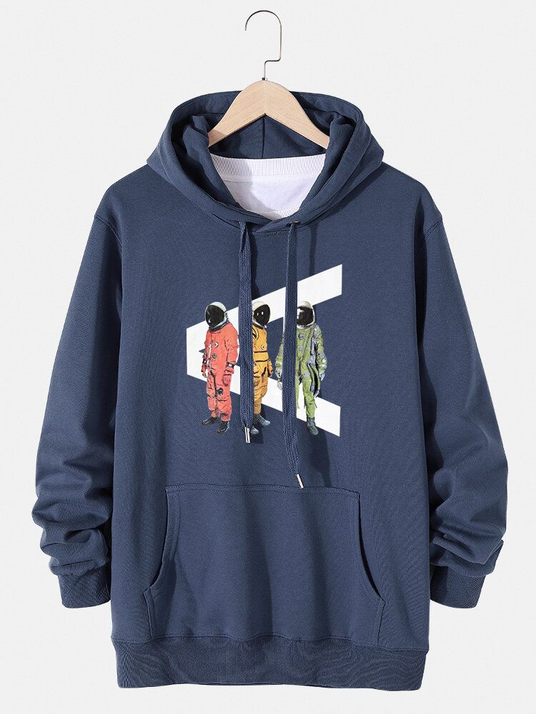 Sudadera Con Capucha Casual Con Estampado De Astronauta De Dibujos Animados Para Hombre Con Bolsillo Canguro