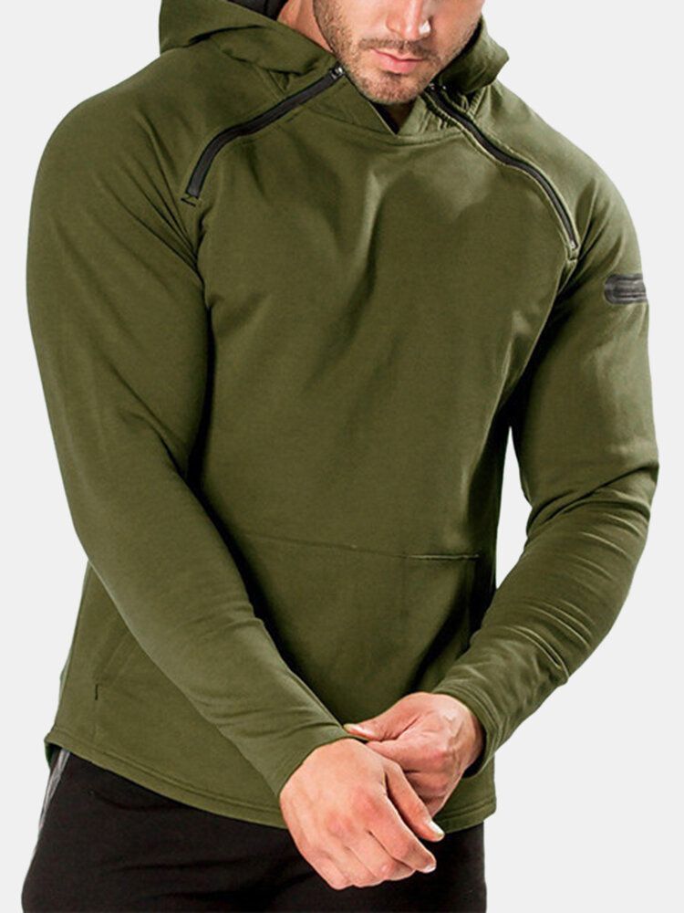 Sudadera Con Capucha Casual De Hombro Con Cremallera De Color Sólido Para Hombre Con Bolsillo De Canguro