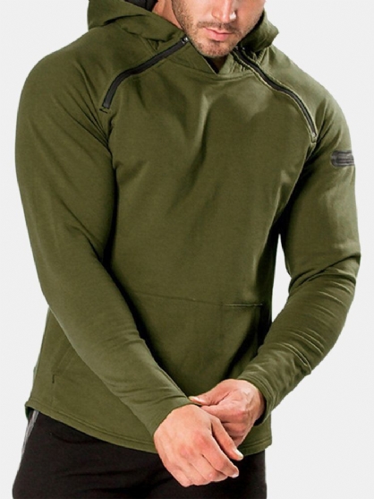 Sudadera Con Capucha Casual De Hombro Con Cremallera De Color Sólido Para Hombre Con Bolsillo De Canguro