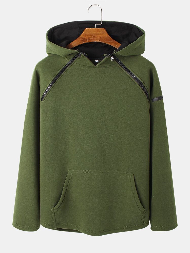 Sudadera Con Capucha Casual De Hombro Con Cremallera De Color Sólido Para Hombre Con Bolsillo De Canguro