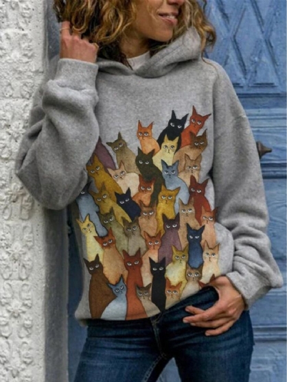 Sudadera Con Capucha Casual De Manga Larga Con Estampado De Gatos De Dibujos Animados Para Mujer