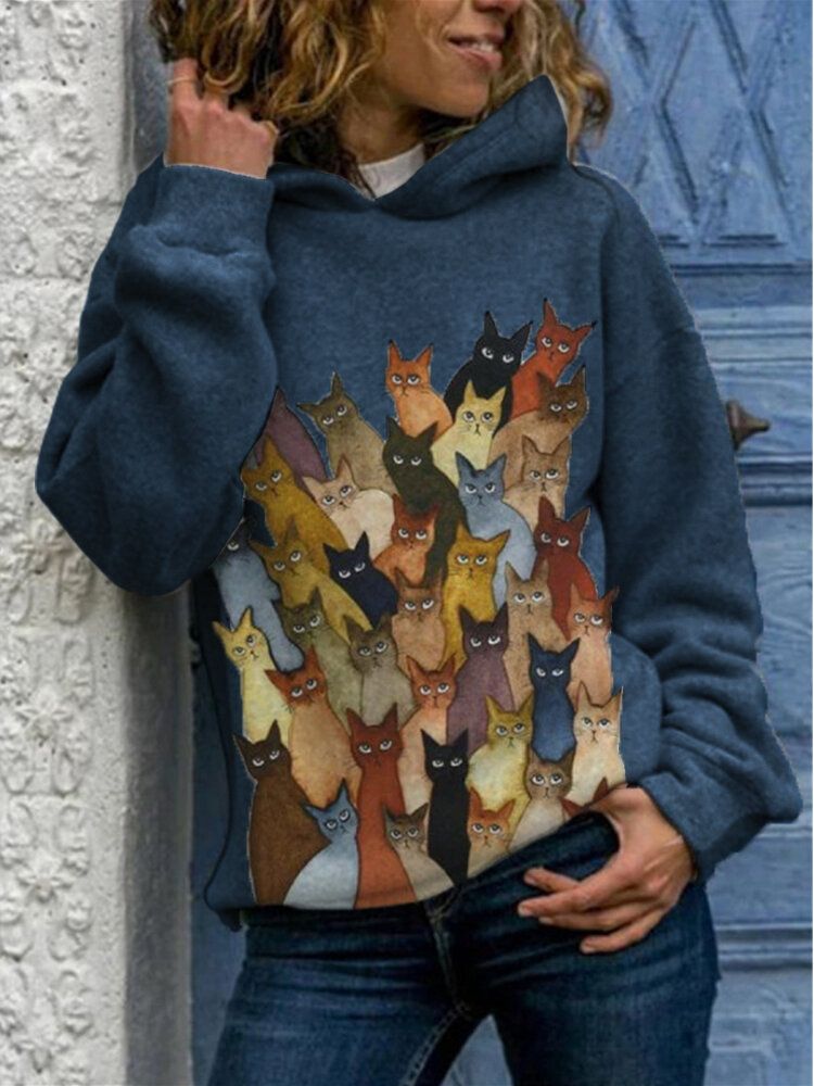 Sudadera Con Capucha Casual De Manga Larga Con Estampado De Gatos De Dibujos Animados Para Mujer