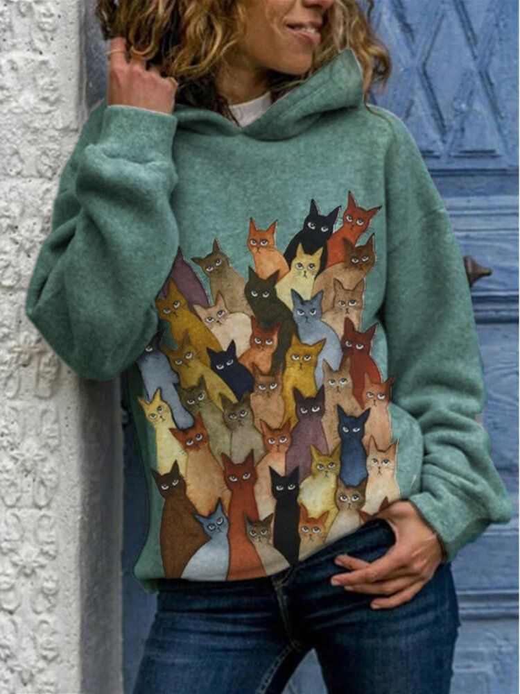 Sudadera Con Capucha Casual De Manga Larga Con Estampado De Gatos De Dibujos Animados Para Mujer