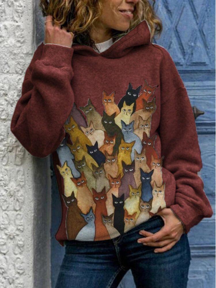 Sudadera Con Capucha Casual De Manga Larga Con Estampado De Gatos De Dibujos Animados Para Mujer