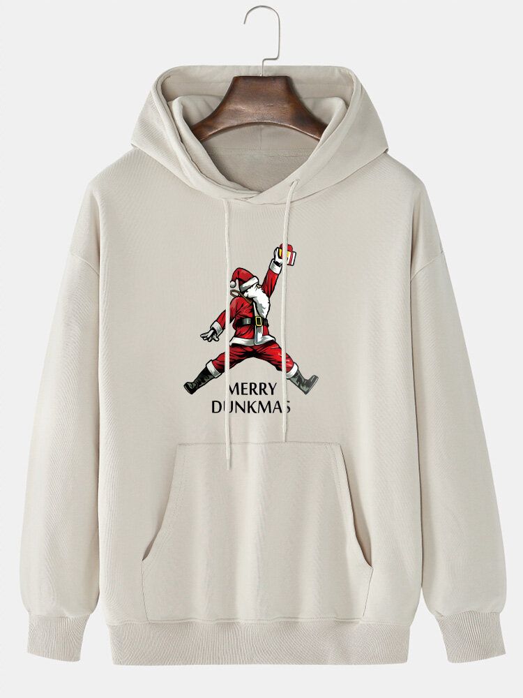 Sudadera Con Capucha De Color Sólido Con Estampado De Papá Noel Divertido 100% Algodón Para Hombre