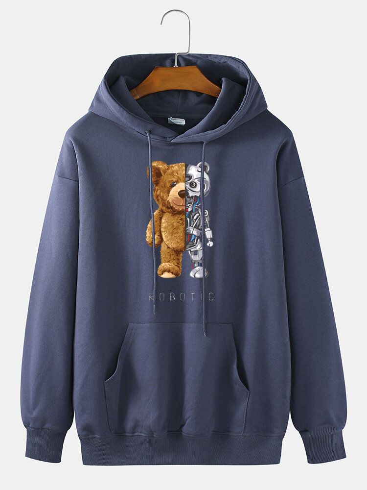 Sudadera Con Capucha Con Cordón De Algodón Con Estampado De Oso Mecánico Para Hombre