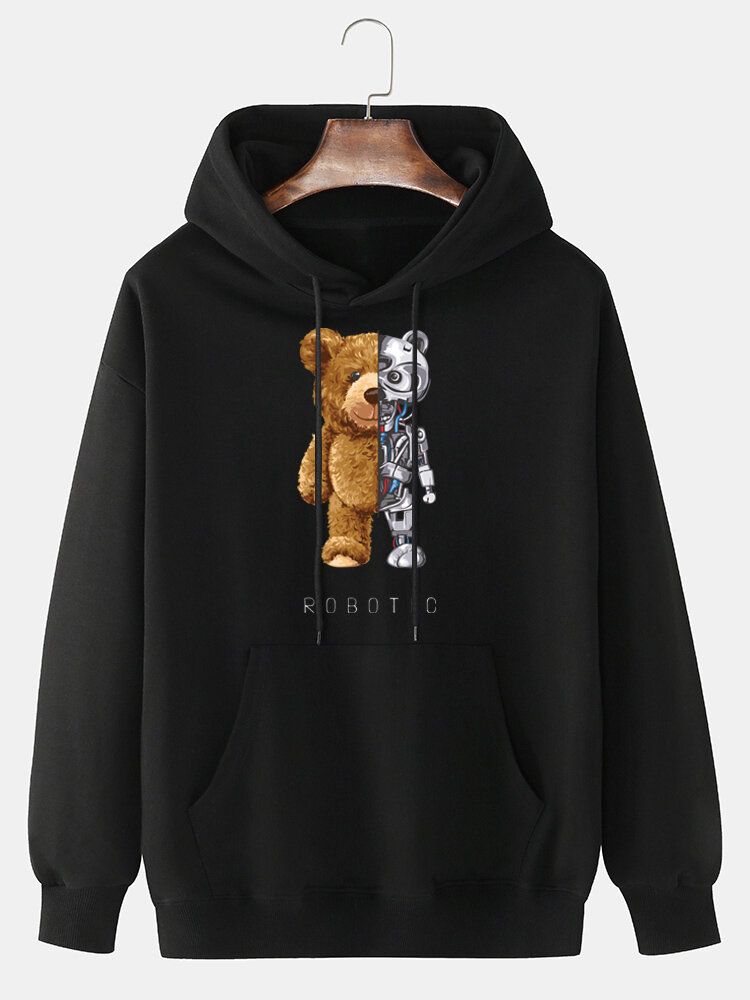 Sudadera Con Capucha Con Cordón De Algodón Con Estampado De Oso Mecánico Para Hombre