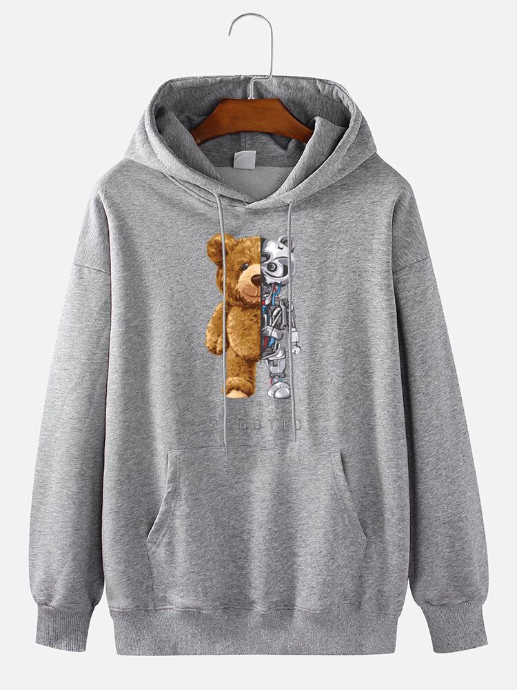 Sudadera Con Capucha Con Cordón De Algodón Con Estampado De Oso Mecánico Para Hombre