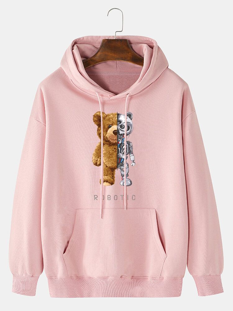 Sudadera Con Capucha Con Cordón De Algodón Con Estampado De Oso Mecánico Para Hombre