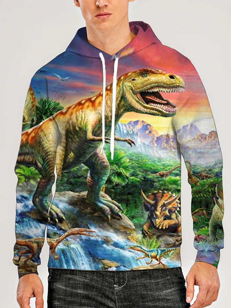 Sudadera Con Capucha Con Cordón Informal Con Estampado De Paisaje De Dinosaurio 3d Para Hombre