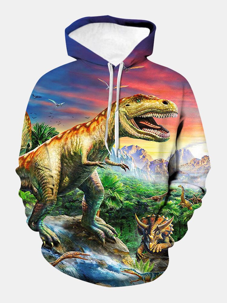 Sudadera Con Capucha Con Cordón Informal Con Estampado De Paisaje De Dinosaurio 3d Para Hombre