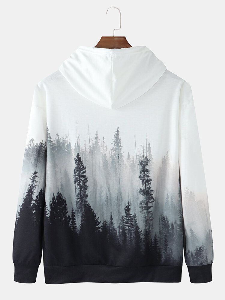 Sudadera Con Capucha Con Cordón Informal Con Estampado De Paisaje Forestal Para Hombre