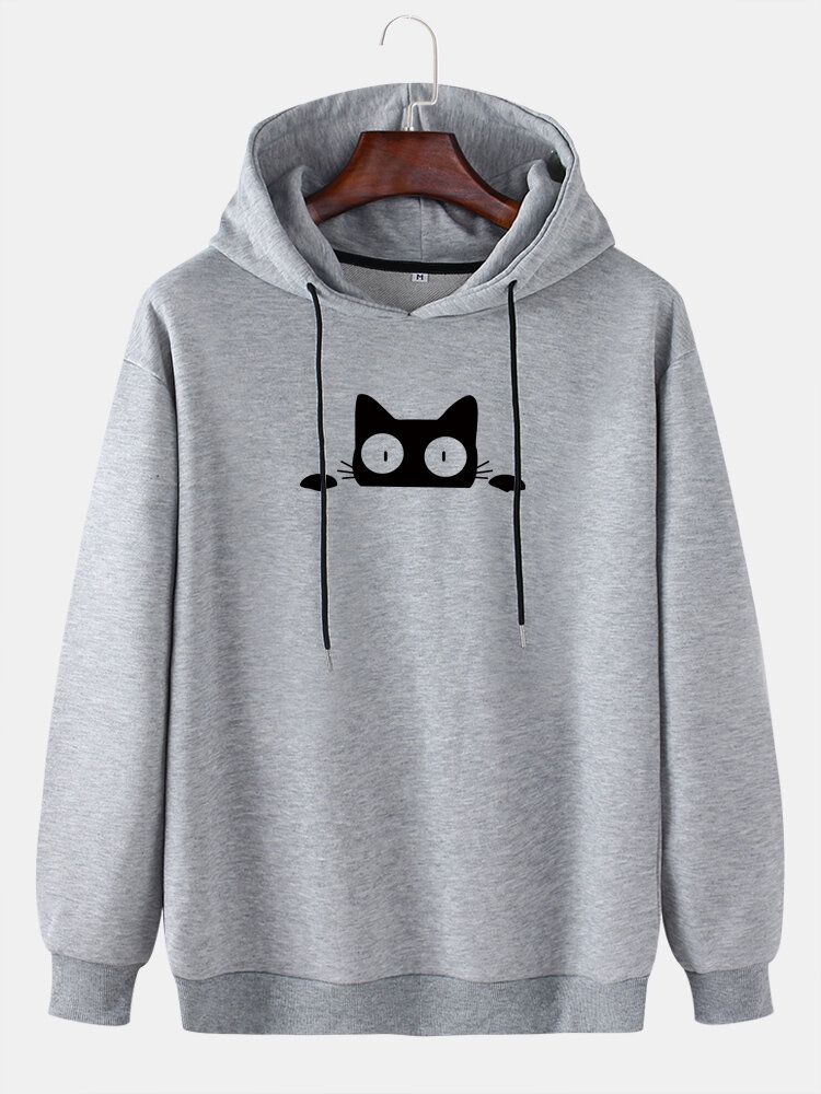 Sudadera Con Capucha Con Cordón Informal Con Estampado De Pecho De Gato De Dibujos Animados Para Hombre