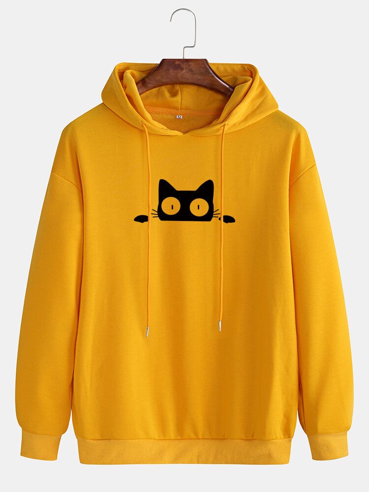 Sudadera Con Capucha Con Cordón Informal Con Estampado De Pecho De Gato De Dibujos Animados Para Hombre