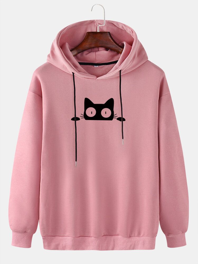 Sudadera Con Capucha Con Cordón Informal Con Estampado De Pecho De Gato De Dibujos Animados Para Hombre