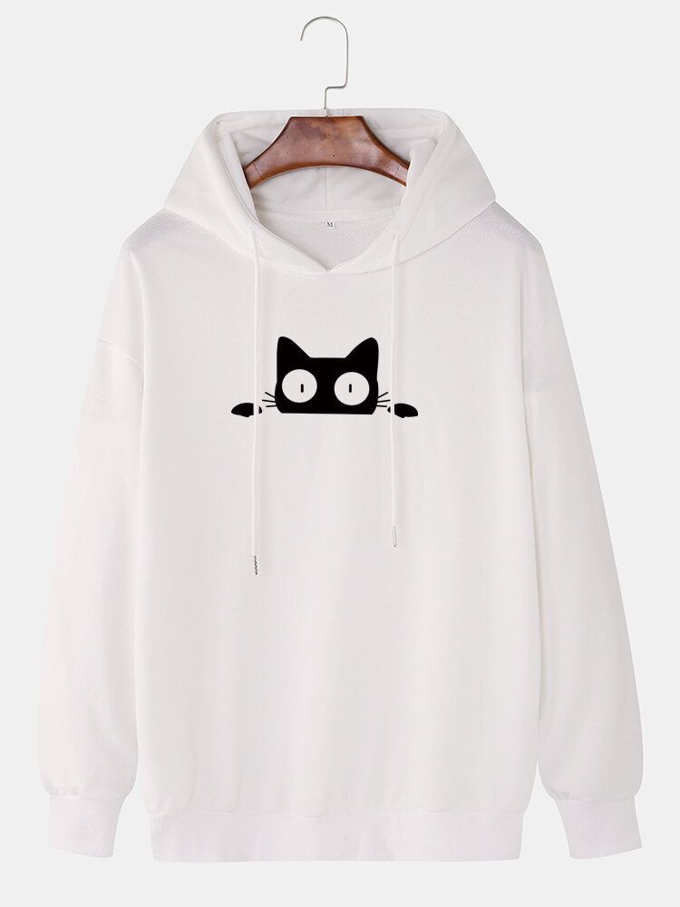 Sudadera Con Capucha Con Cordón Informal Con Estampado De Pecho De Gato De Dibujos Animados Para Hombre