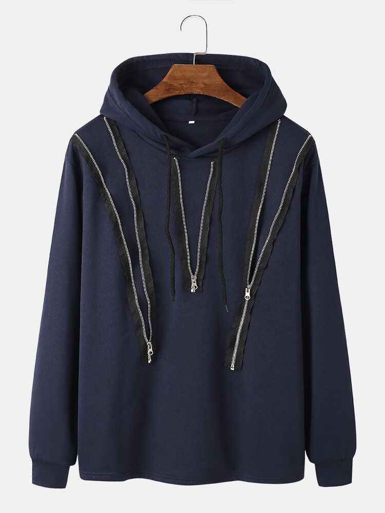 Sudadera Con Capucha Con Cordón Informal Estilo Callejero Con Detalle De Cremallera Y Rasguños Para Hombre