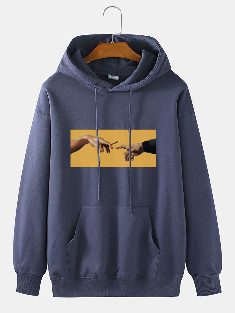 Sudadera Con Capucha Con Cordón Liso Y Estampado Gráfico De Manos Táctiles De Algodón 100% Para Hombre