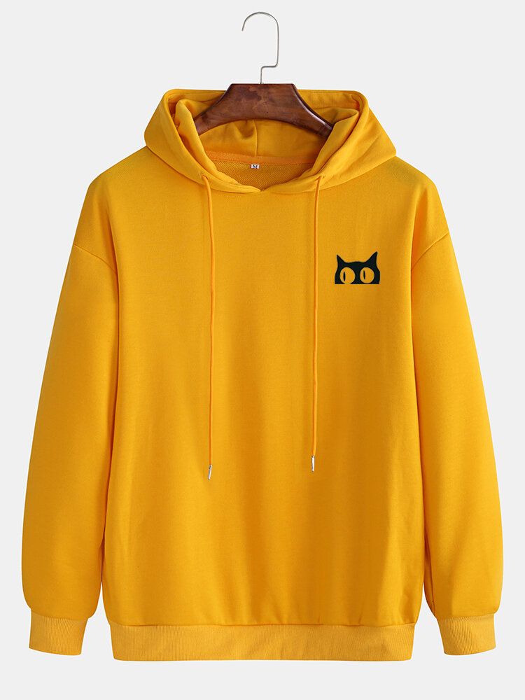 Sudadera Con Capucha Con Cordón De Patrón De Gato Lindo De Color Sólido Para Hombre