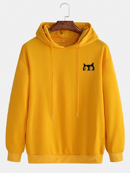 Sudadera Con Capucha Con Cordón De Patrón De Gato Lindo De Color Sólido Para Hombre