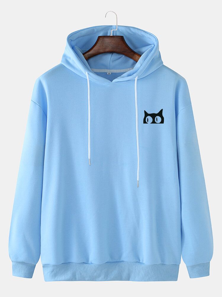 Sudadera Con Capucha Con Cordón De Patrón De Gato Lindo De Color Sólido Para Hombre