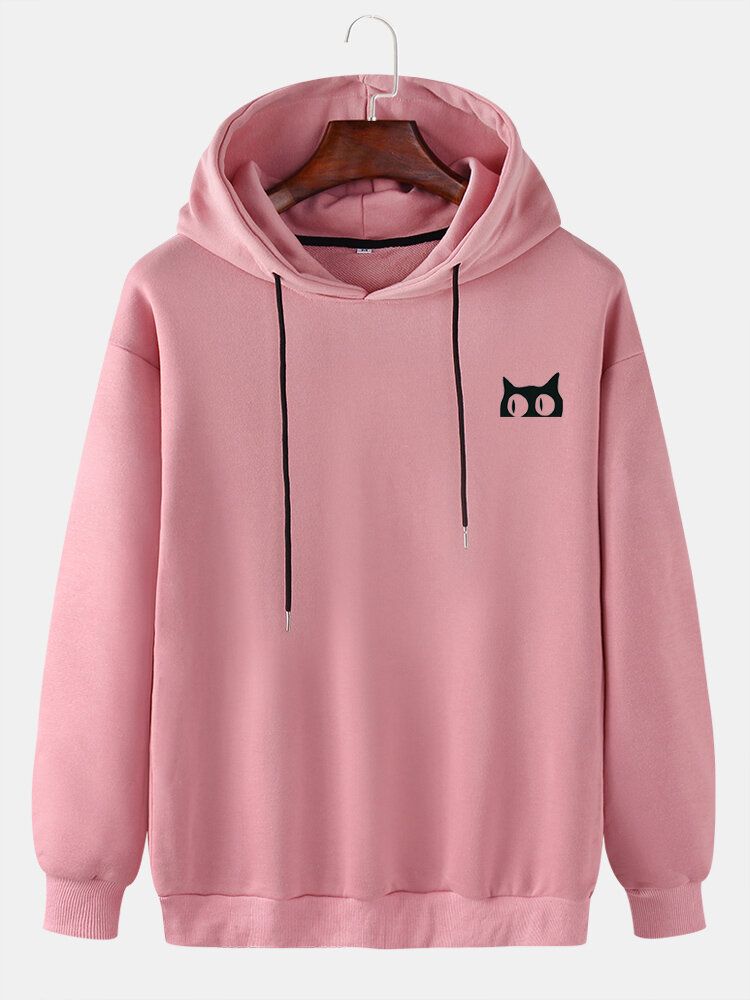 Sudadera Con Capucha Con Cordón De Patrón De Gato Lindo De Color Sólido Para Hombre