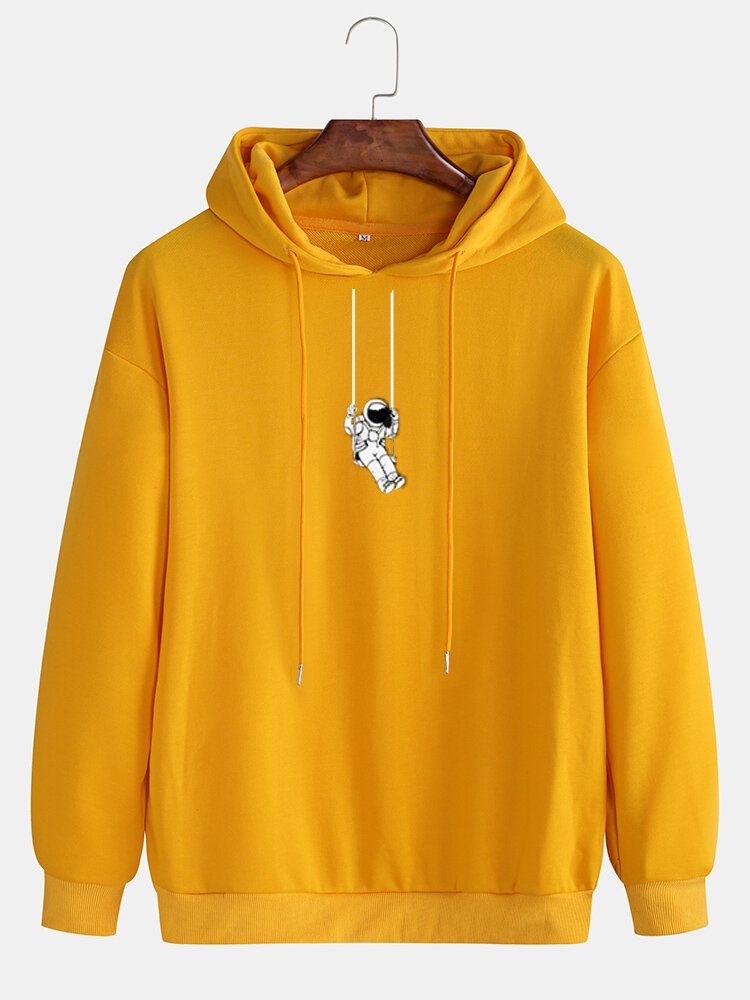 Sudadera Con Capucha Con Cordón Sólido Con Estampado Gráfico De Astronauta De Dibujos Animados Para Hombre