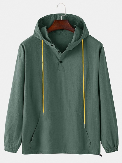 Sudadera Con Capucha Con Cordón Y Botones Sueltos De Algodón De Color Sólido Para Hombre Con Bolsillo