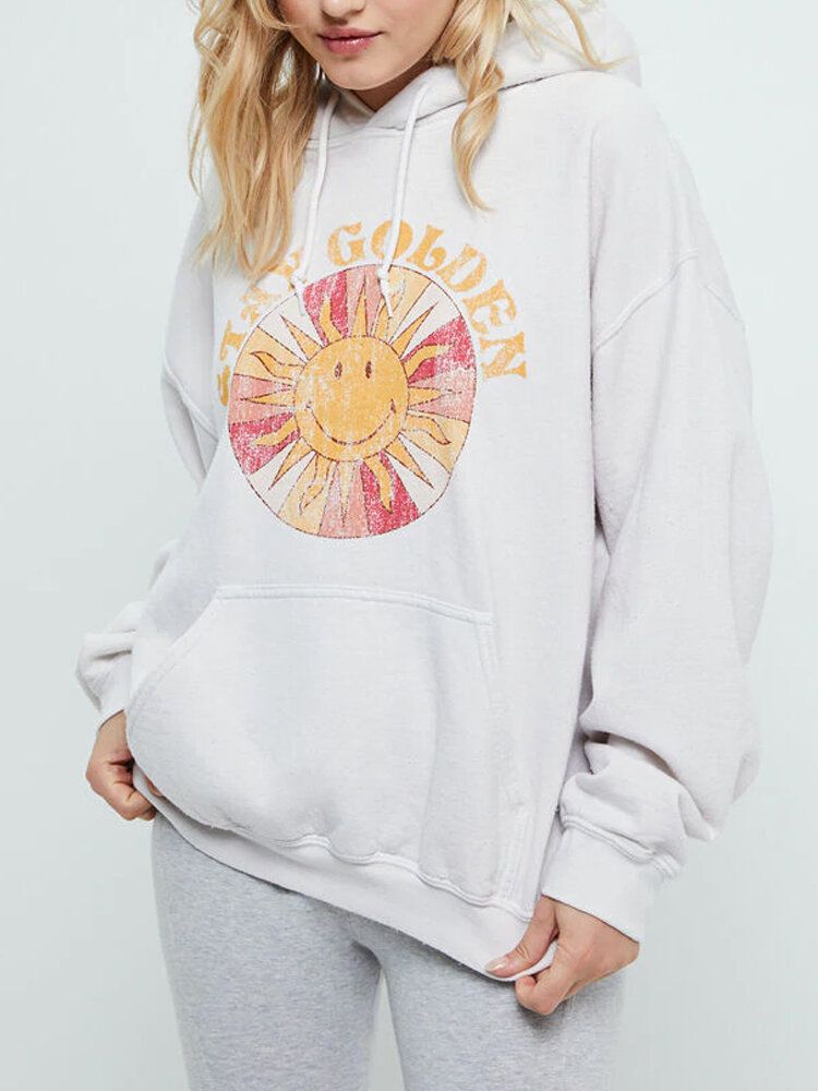 Sudadera Con Capucha Con Cordón Y Estampado Gráfico De Sol De Dibujos Animados Para Mujer Con Bolsillo De Canguro