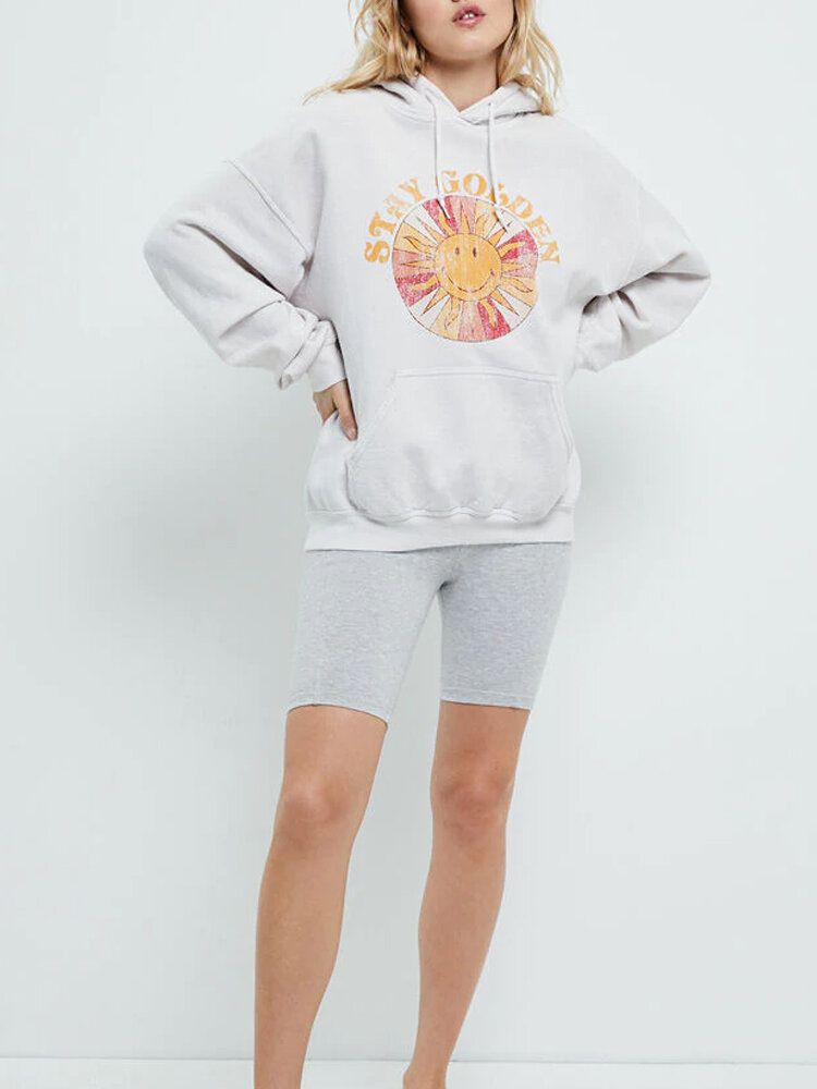 Sudadera Con Capucha Con Cordón Y Estampado Gráfico De Sol De Dibujos Animados Para Mujer Con Bolsillo De Canguro