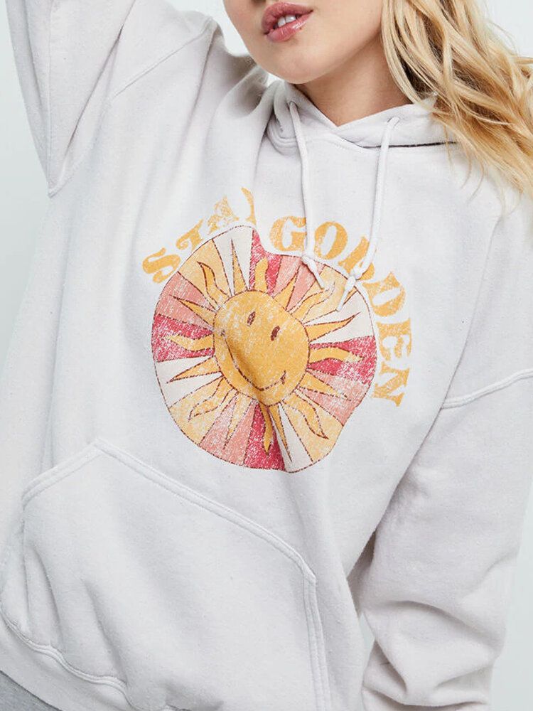 Sudadera Con Capucha Con Cordón Y Estampado Gráfico De Sol De Dibujos Animados Para Mujer Con Bolsillo De Canguro