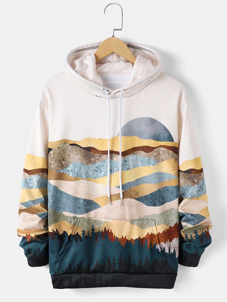 Sudadera Con Capucha Con Cordón Y Estampado De Pintura De Paisaje Para Hombre Con Bolsillo De Canguro