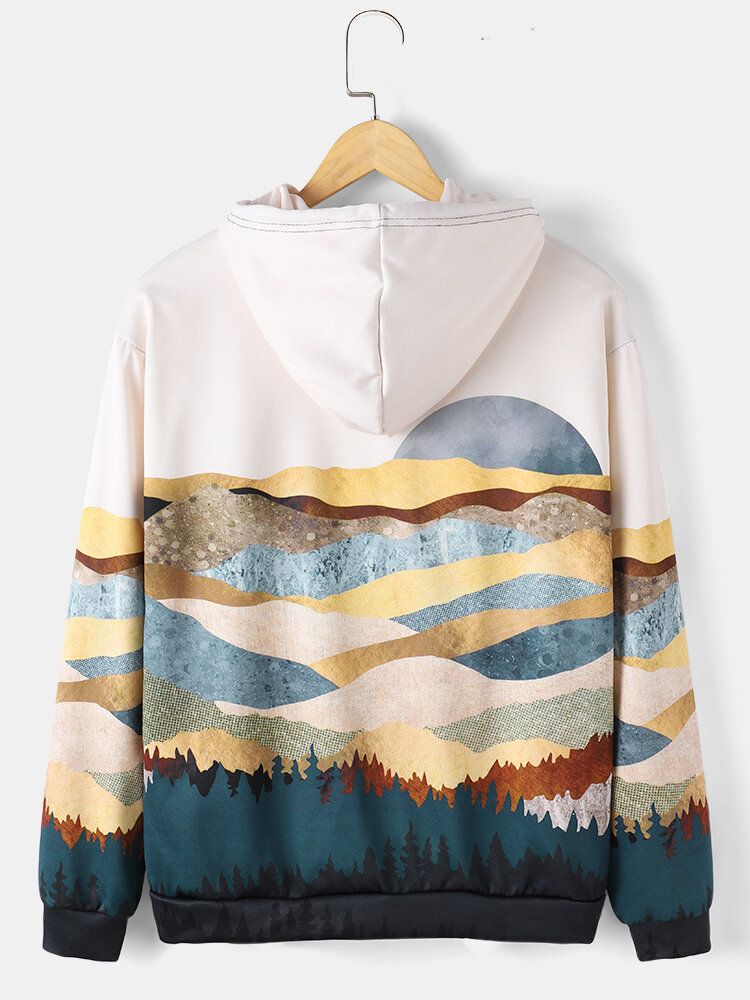 Sudadera Con Capucha Con Cordón Y Estampado De Pintura De Paisaje Para Hombre Con Bolsillo De Canguro