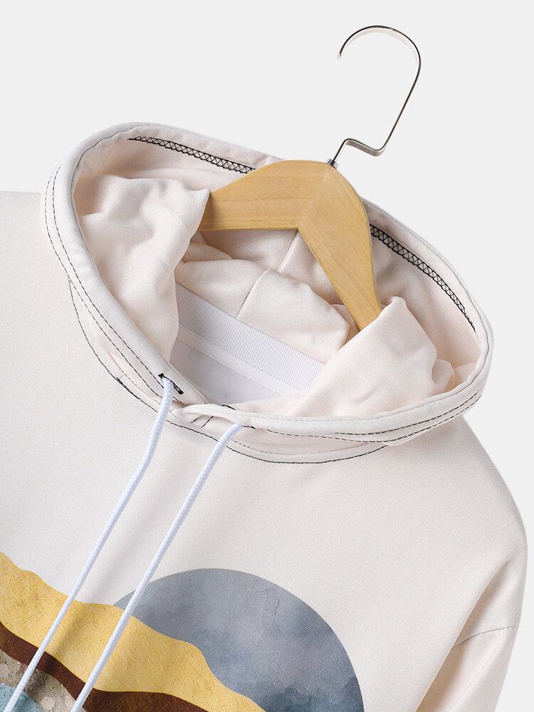 Sudadera Con Capucha Con Cordón Y Estampado De Pintura De Paisaje Para Hombre Con Bolsillo De Canguro