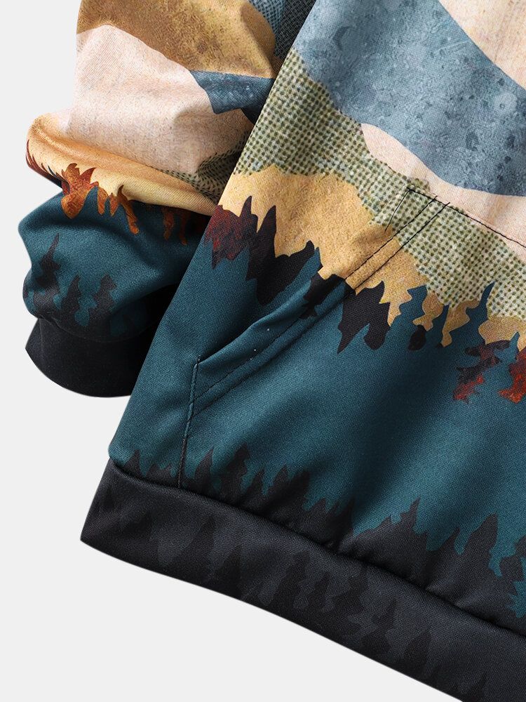 Sudadera Con Capucha Con Cordón Y Estampado De Pintura De Paisaje Para Hombre Con Bolsillo De Canguro