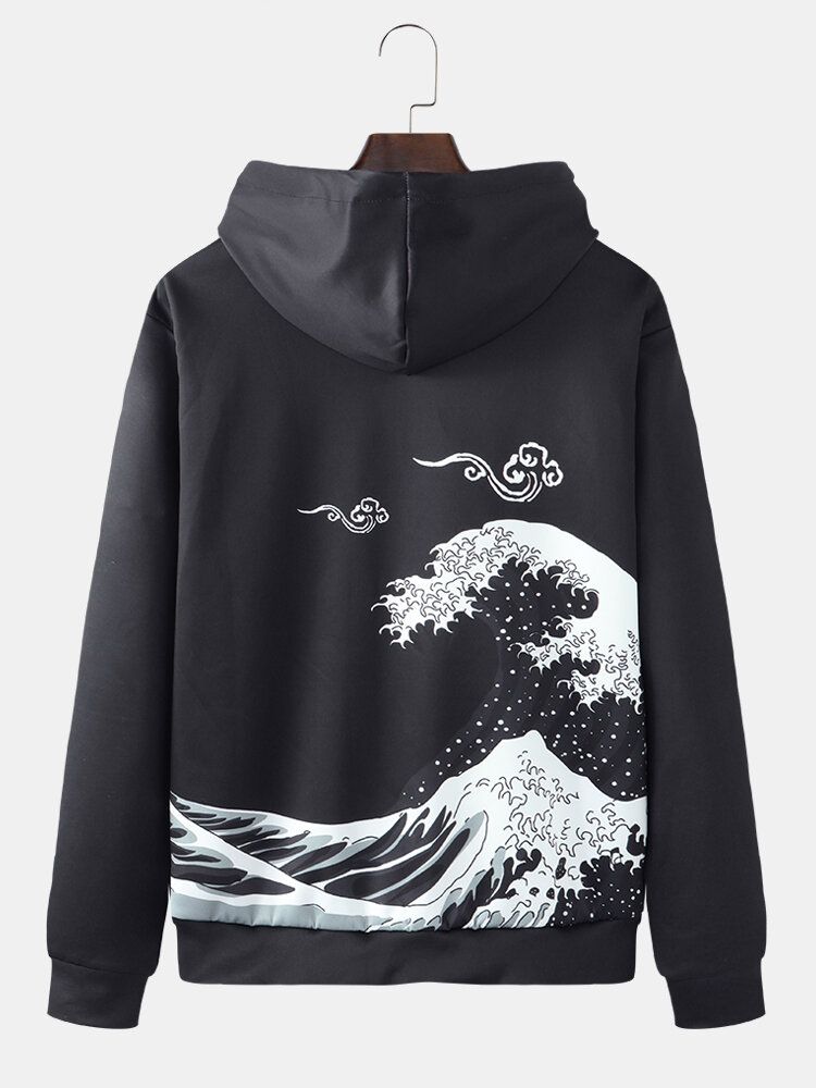 Sudadera Con Capucha Con Cordón Y Estampado Ukiyo Wave Para Hombre Con Bolsillo Canguro