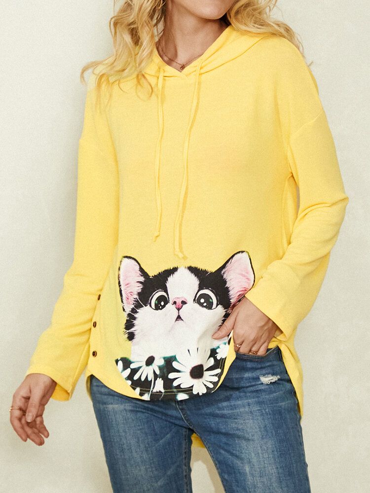 Sudadera Con Capucha Con Estampado De Flores Y Estampado De Flores De Gato De Dibujos Animados Con Cordón Y Dobladillo Curvo Para Mujer