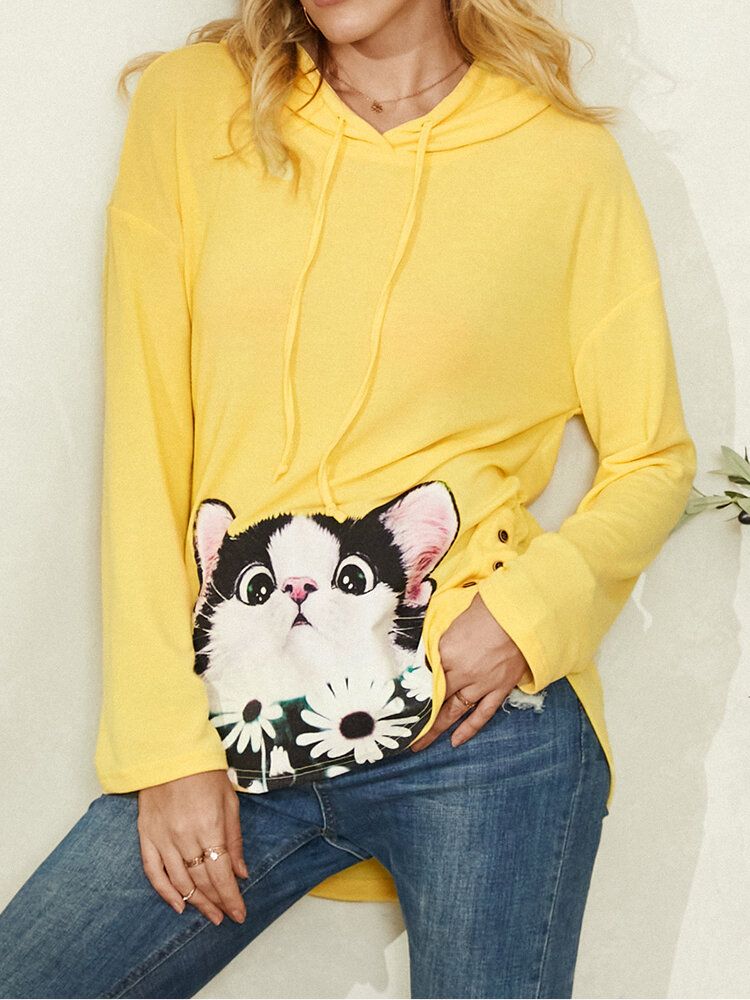 Sudadera Con Capucha Con Estampado De Flores Y Estampado De Flores De Gato De Dibujos Animados Con Cordón Y Dobladillo Curvo Para Mujer